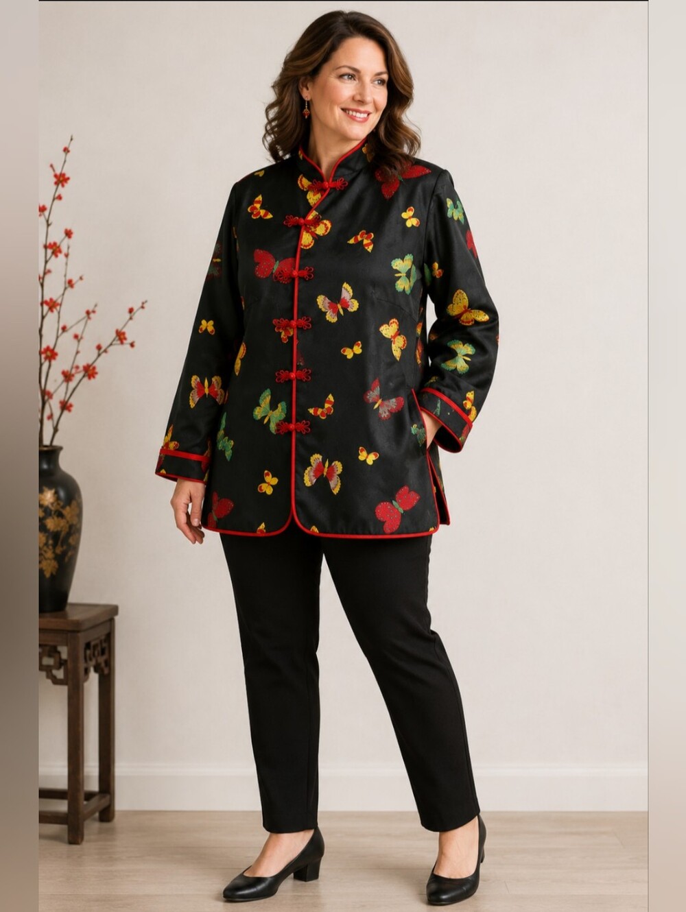 Black Butterfly Mandarin Jacket Women’s Large Asian Inspired Frog Closure